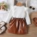 Children's clothing Girls furry flying sleeve long sleeve top leather pants pearl belt fashion children's suit_viptrois.com