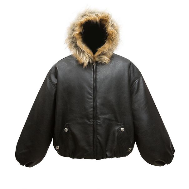 Fur Collar Hooded PU Cotton Men's Winter Thickened Cold-Proof Warm Puffer Jacket Leather Coat Trendy American Style_viptrois.com