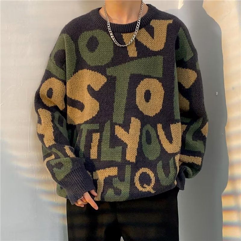 Pure Trendy Brand Personalized Letter Men's Pullover Jacquard American Retro Long Sleeve Knitted Sweater For Teenagers_viptrois.com