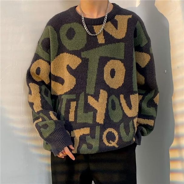 Pure Trendy Brand Personalized Letter Men's Pullover Jacquard American Retro Long Sleeve Knitted Sweater For Teenagers_viptrois.com