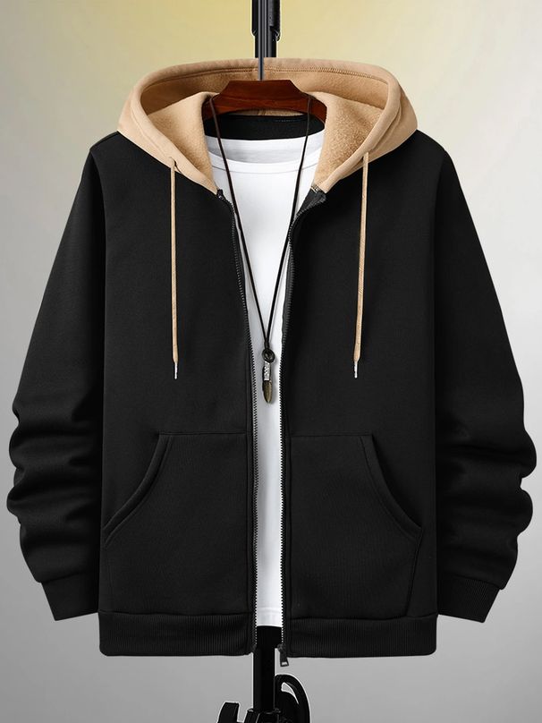 Men's Fleece-Lined Hooded Zip-Up Jacket - Winter Warm Pullover With Thickened Interior, Streetwear Oversized Fit, Polyester Shell (Khaki/Black)_viptrois.com