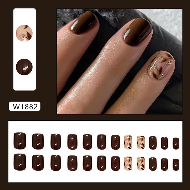 False Nails Retro Brown Fine Glitter Leaves All Match White Detachable Nail Art Nail Pieces 24 Pieces_viptrois.com