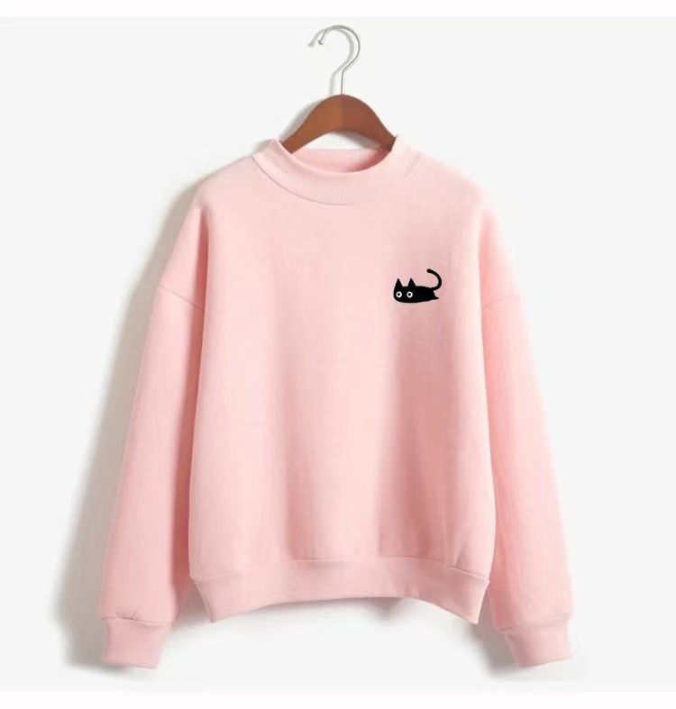 2024 Round Neck Cat Chest Print Hoodless Pullover Sweatshirt Casual Loose New Hot-Selling Top_viptrois.com
