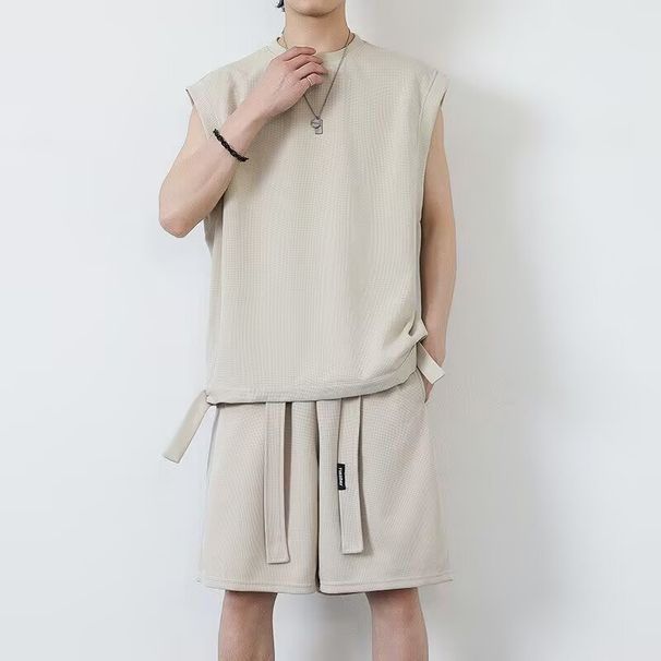 Summer Fitness Sports Large Shoulder Vest Set For Men Loose Sleeveless Two-Piece New Men's Clothing_viptrois.com