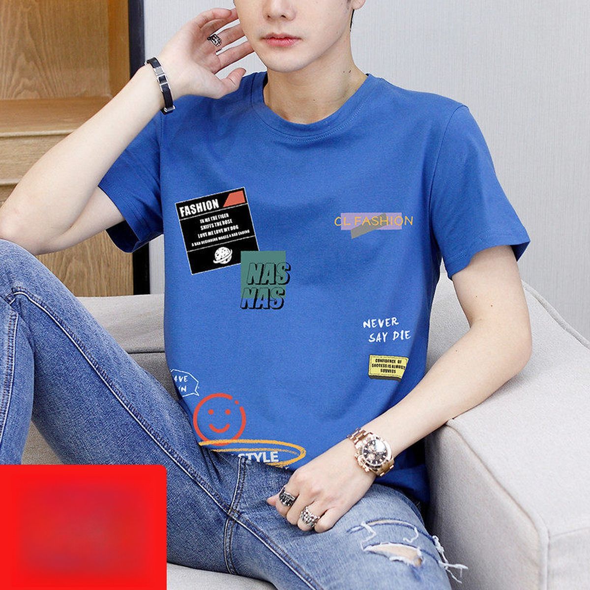 Ice Silk Thin Short-sleeved T-shirt Men's Summer Pure Cotton Teen Handsome Half-sleeved Summer Clothes T9902 Blue 2XL_viptrois.com