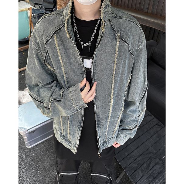Men's Clothing Deconstructed Raw Edge Washed Denim Jacket For Men Spring And Autumn Short Motorcycle Style Stand Collar Handsome Jacket_viptrois.com
