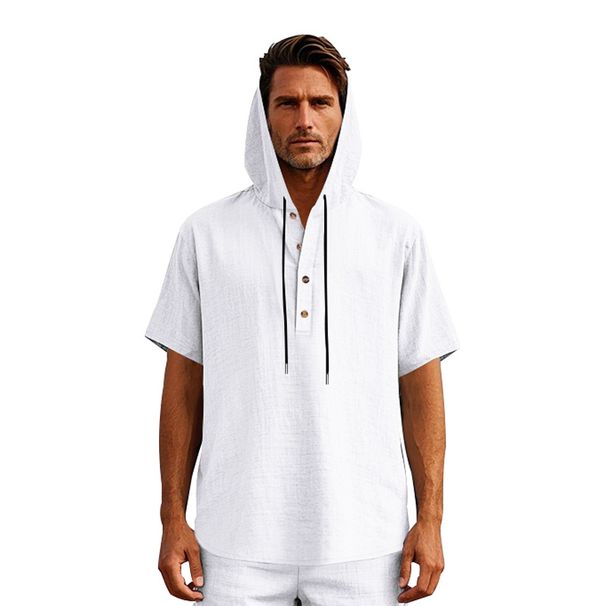 Men's Summer Simple Loose Casual Trendy Linen Button Beach Hooded Henley Short Sleeve Shirt_viptrois.com