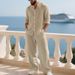 Men's Autumn Linen Long Sleeve Shirt And Pants Set Breathable Simple Henley Top Loose Fit Beachwear for Home_viptrois.com