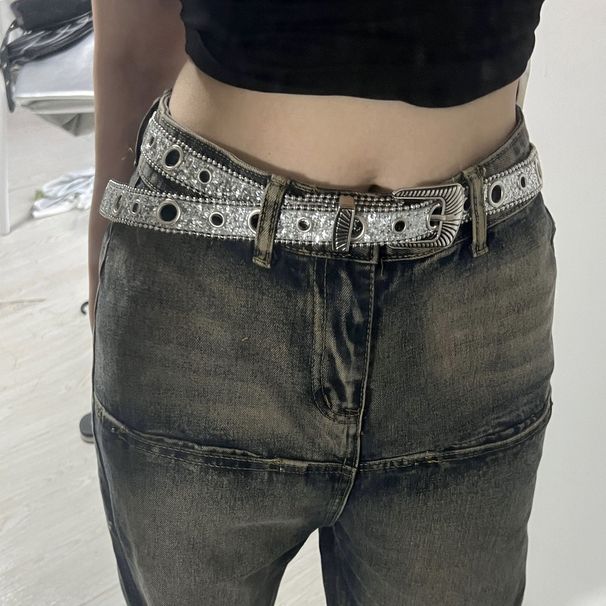 Belt y2k sequin American spicy girl carved buckle belt water diamond non perforated belt, high-end style_viptrois.com