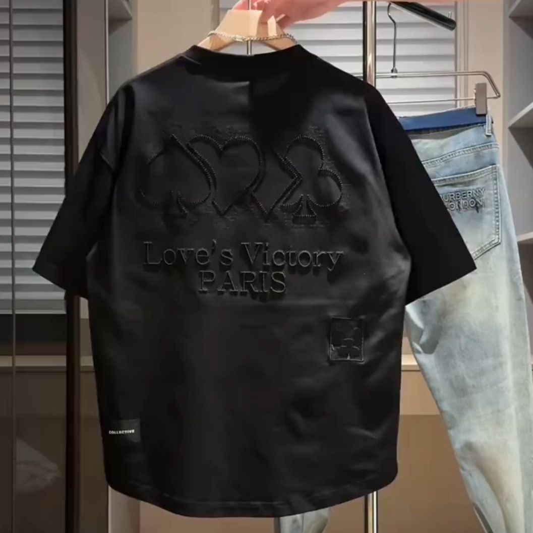 Men's Clothing New Heavy Embroidery Letter Round Neck Short Sleeve Men's Trendy Brand Loose Versatile Breathable Swallowtail T Shirt Bottoming Shirt_viptrois.com