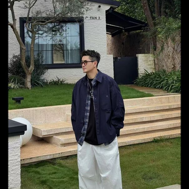 Autumn Trendy Two-Piece Turn-Down Collar Shirt Men's Fashion Design Loose Versatile Casual Jacket Coat_viptrois.com