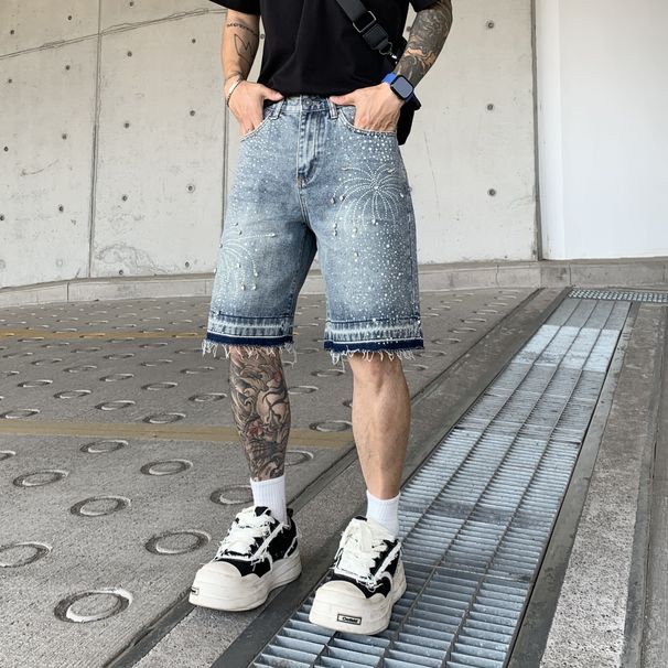Men's Clothing American High Street Personality Black Summer New Trendy Casual Shorts Men's Heavy Diamond Denim Shorts Men_viptrois.com