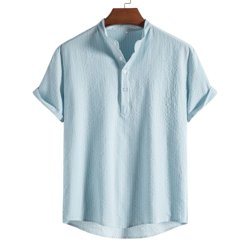 Men's Clothing Summer Shirt Large Size Cotton And Linen Stand Collar Short Sleeve Shirt_viptrois.com
