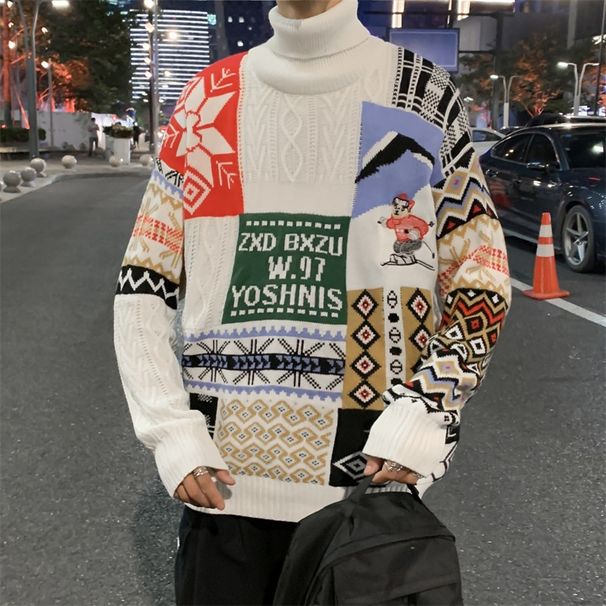 Pure National Trend For Men New Year Christmas Winter Fleece Lined Thick Loose Bear Couple Coat Knitted Sweater_viptrois.com