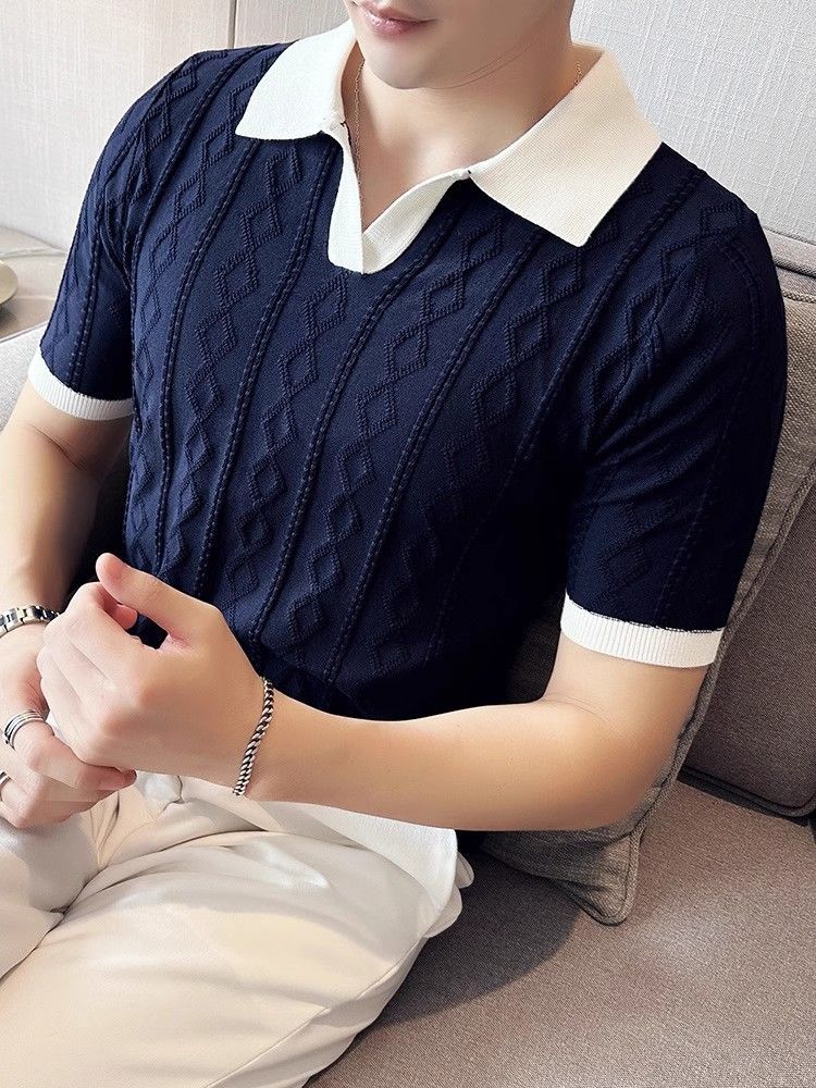 Men's Clothing Summer Breathable Italian Color Matching Light Mature Men's Polo Shirt V Lapel Elastic Texture Slim Short Sleeved Knitted Sweater_viptrois.com