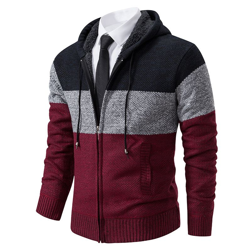 Men's Plus Velvet Thickened Knitted Sweater Hooded Cross Border Handsome Color Matching Jacket_viptrois.com
