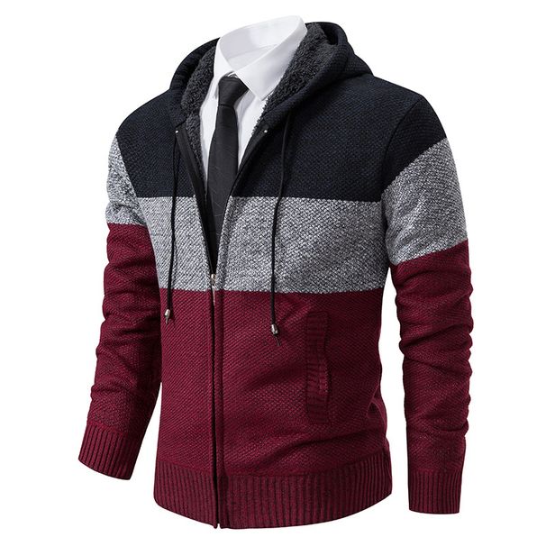 Men's Plus Velvet Thickened Knitted Sweater Hooded Cross Border Handsome Color Matching Jacket_viptrois.com
