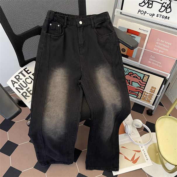 American Retro Gradient Black Washed Denim Jeans For Men, Summer Straight Leg Loose Trendy Wide Leg Casual Flared Pants_viptrois.com