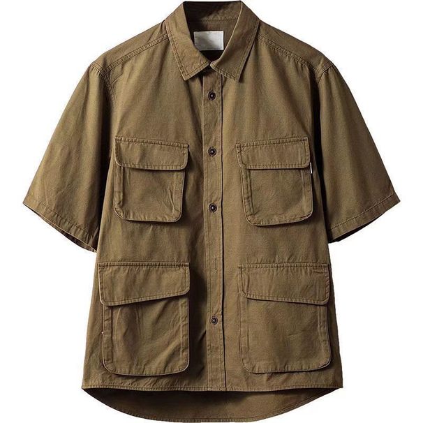 American-style Workwear Military-style Four-pocket Short-sleeve Shirt, Summer Multi-pocket Khaki Half-sleeve Top For Men_viptrois.com