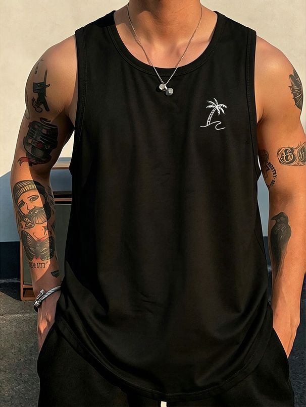 Canotta Uomo Girocollo 100% Cotone Stampa Palme Cocco Morbida Traspirante Senza Maniche Casual Fitness Estivo Multicolore_viptrois.com