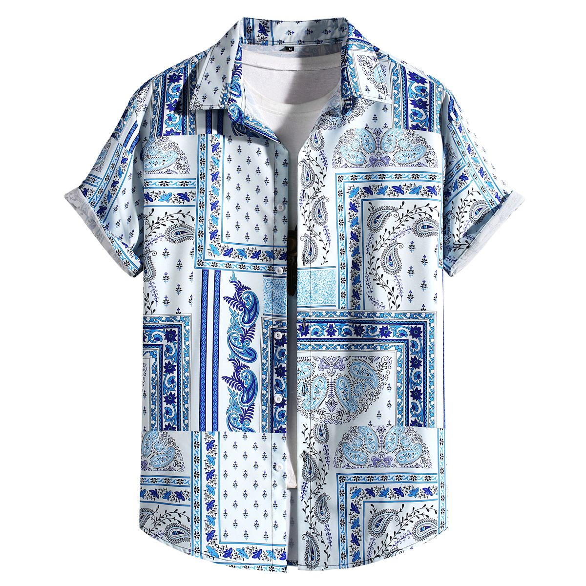 Men's Clothing Men's Shirt Blue And White Cashew Print Short Sleeved Men's Casual Shirt Middle Eastern Retro Four Sided Stretch Summer New_viptrois.com