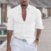 Men's Clothing Men's Summer Cotton And Linen Lapel Beach Shirt Long Sleeve Solid Color Holiday Clothing_viptrois.com