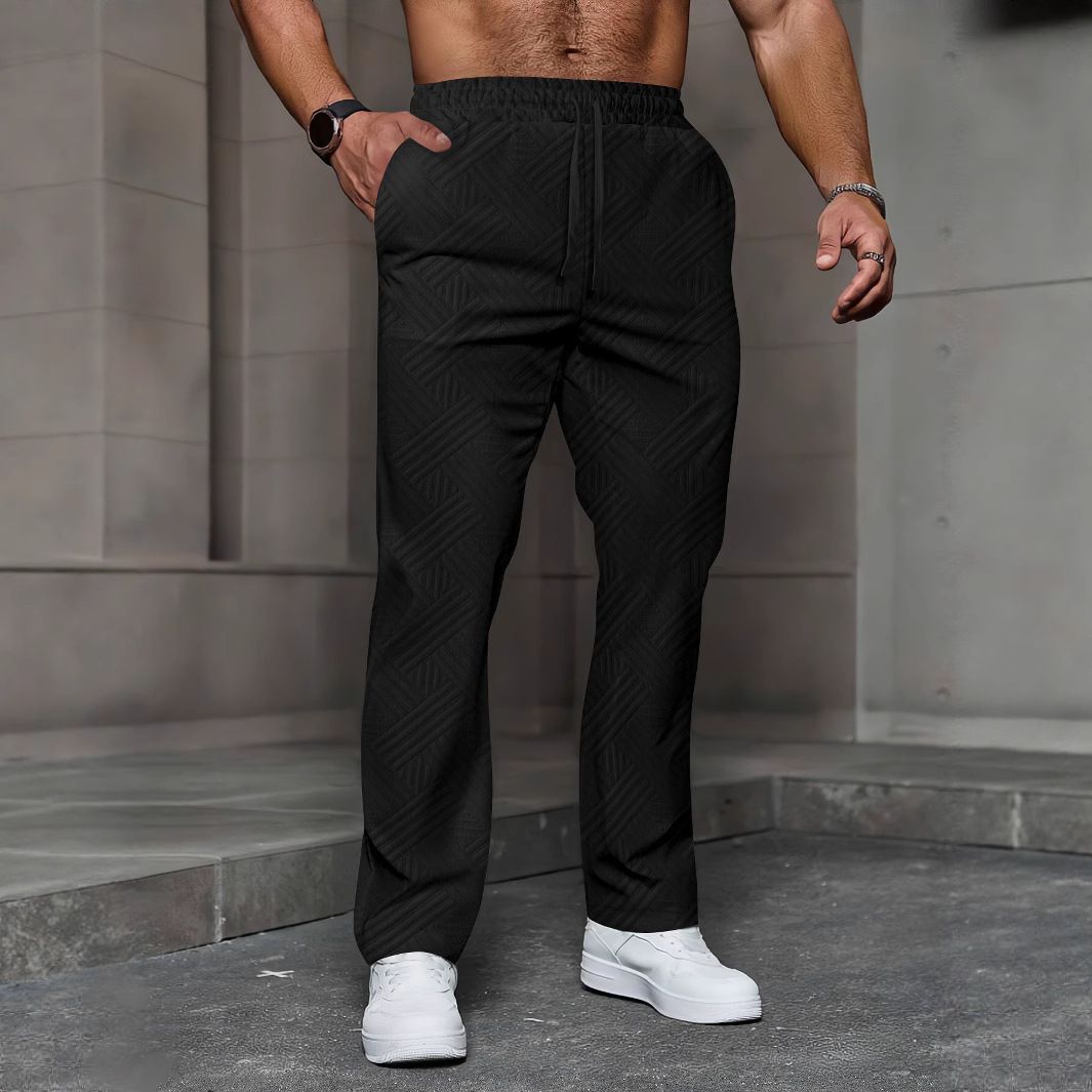 Men's Clothing Four Seasons New Leisure Jacquard Drawstring Loose Leisure Solid Color Pocket Sports Trousers_viptrois.com