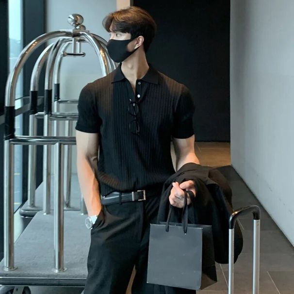 Men Knit Polo Shirts Casual Social T-Shirts Short Sleeve T Shirt Slim Soild Retro Tops Tees Korean Harajuku T Shirts Man_viptrois.com