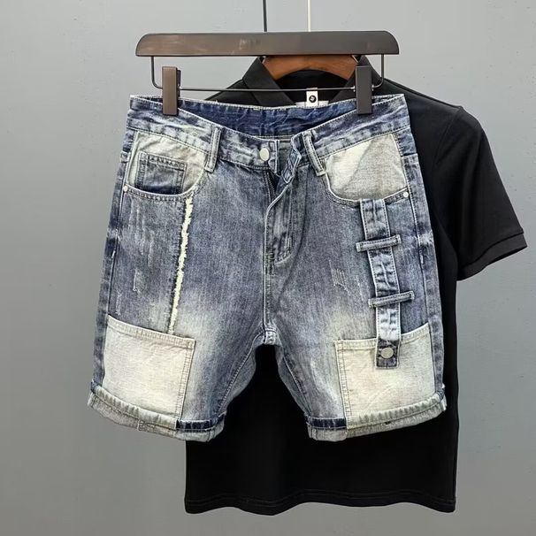 Men's Clothing Denim Shorts Men Summer Loose Trendy Print Contrast Color Multi Pocket Workwear Casual Shorts Men's Mid Length Pants_viptrois.com