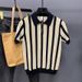Men's Clothing Ice Silk Short Sleeved Shirt Slim Striped Colorblock Knitted Lapel T Shirt_viptrois.com