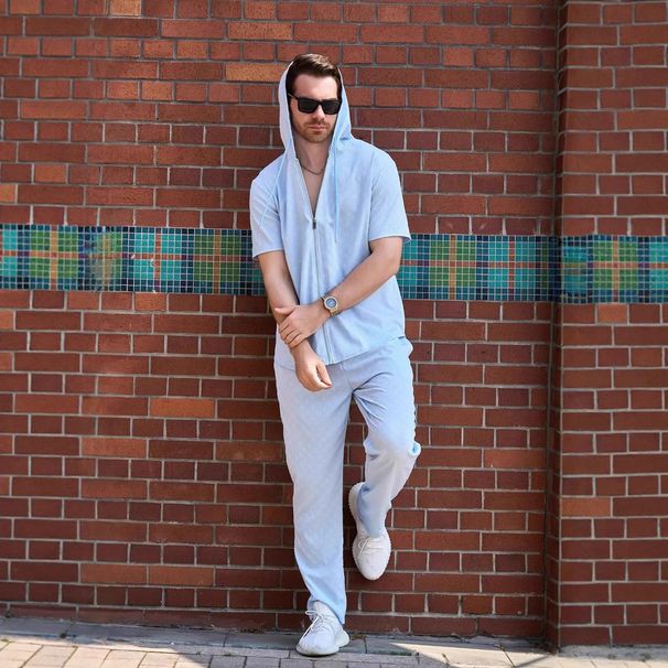 Men's Clothing New Fashion Men's Jacquard Suit Zipper Solid Color Hooded Short Sleeved Jacket Trousers Two Piece Suit_viptrois.com