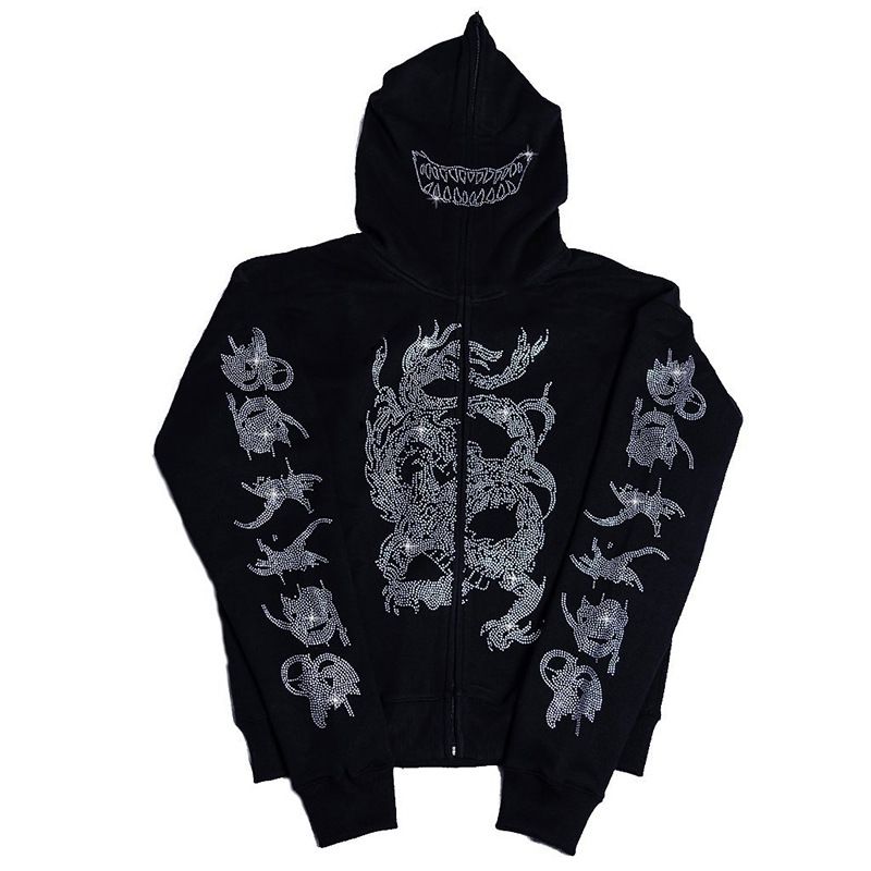 Men's Clothing Autumn And Winter Men And Women's Y2K Trendy Rhinestone Loose Hooded Cardigan Sweatshirt_viptrois.com