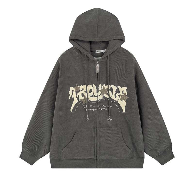 Men's Vintage Style Hooded Zip-Up Sweatshirt With Flocking Embroidery Star & Letter Design, Loose Fit Casual Hoodie Jacket_viptrois.com