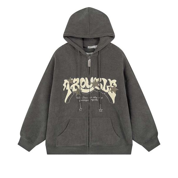 Men's Vintage Style Hooded Zip-Up Sweatshirt With Flocking Embroidery Star & Letter Design, Loose Fit Casual Hoodie Jacket_viptrois.com