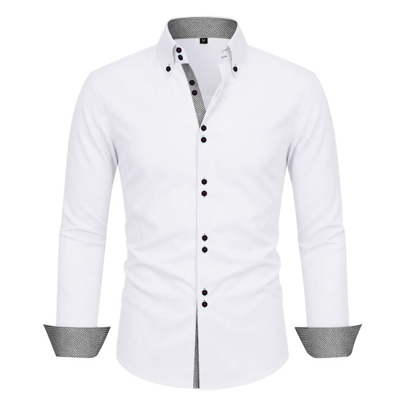 Business Casual Men's Long Sleeve Shirt Color Blocked Breathable Double Button Stretch Wrinkle Free All Season Style_viptrois.com