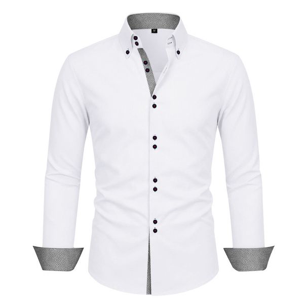 Business Casual Men's Long Sleeve Shirt Color Blocked Breathable Double Button Stretch Wrinkle Free All Season Style_viptrois.com