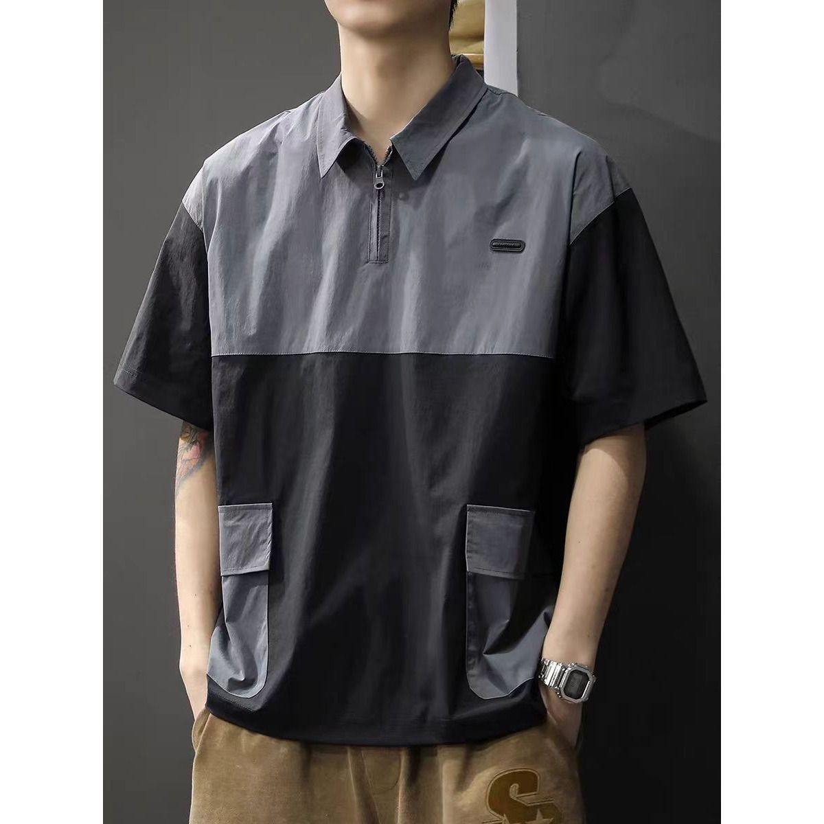 Two-Tone Short Sleeve Zip Polo Shirt For Men, Summer Color-Block Multi-Pocket T-Shirt, Quick-Dry Workwear Turn-Down_viptrois.com