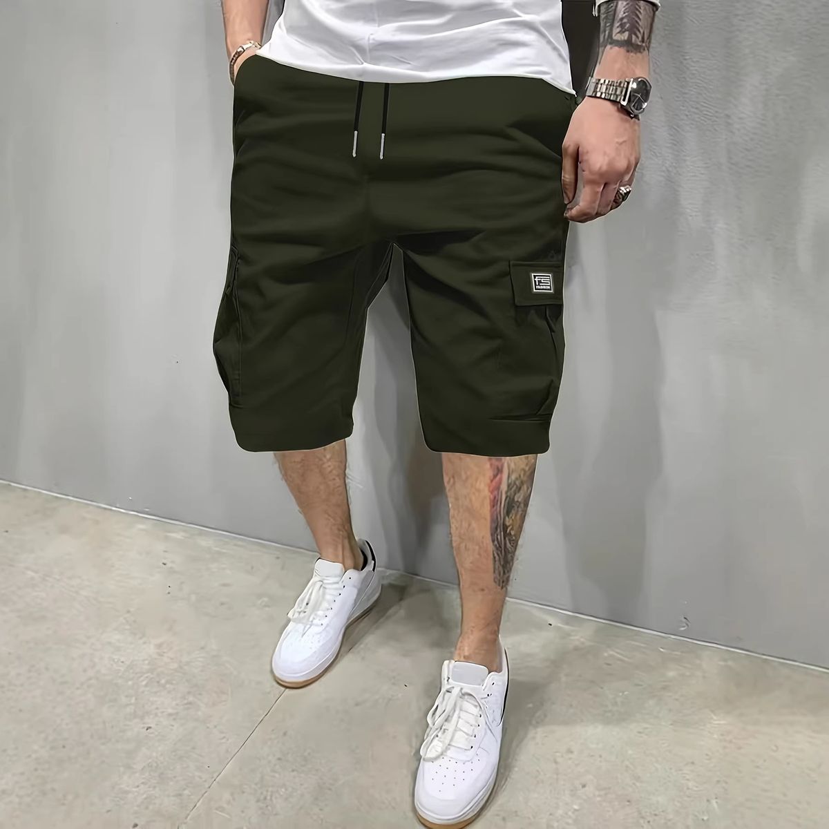Men's Summer Workwear Casual Shorts European Size Five Point Drawstring Loose Straight Leg With Multi Pockets Solid Color Trendy Brand_viptrois.com
