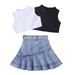 Mother & Kids Children's Clothing Girls Solid Color Waistcoat Sleeveless Top Denim Open Pocket Pleated Skirt Suit_viptrois.com