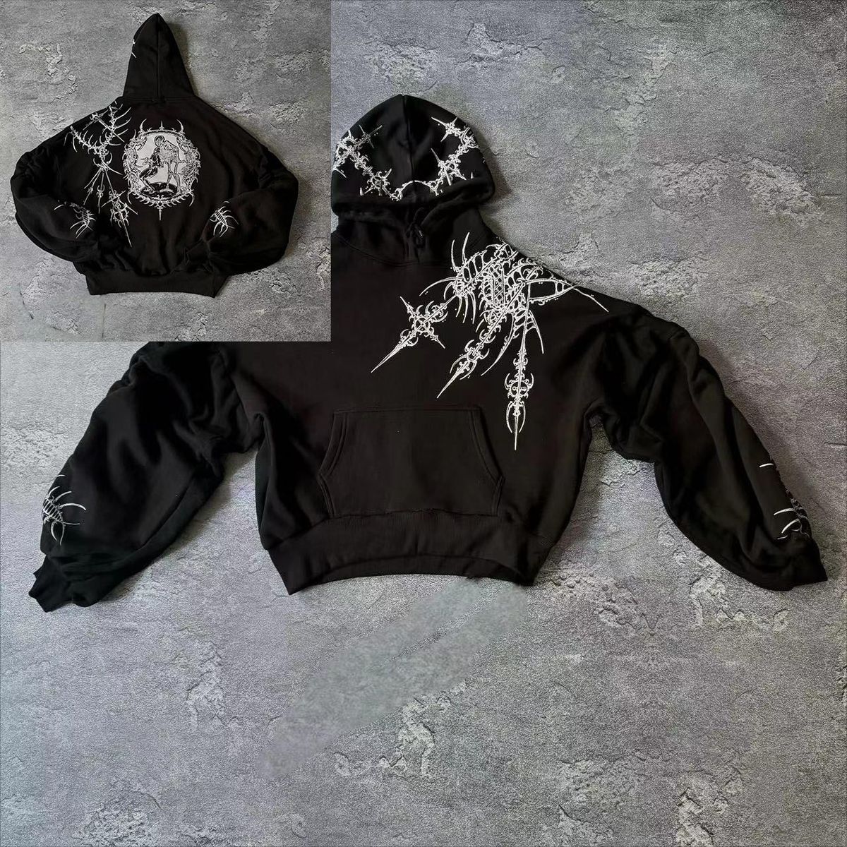 2025 New American Retro Hip-Hop Skull Front And Back Print Hooded Sweatshirt Men's High Street Autumn Winter Jacket_viptrois.com