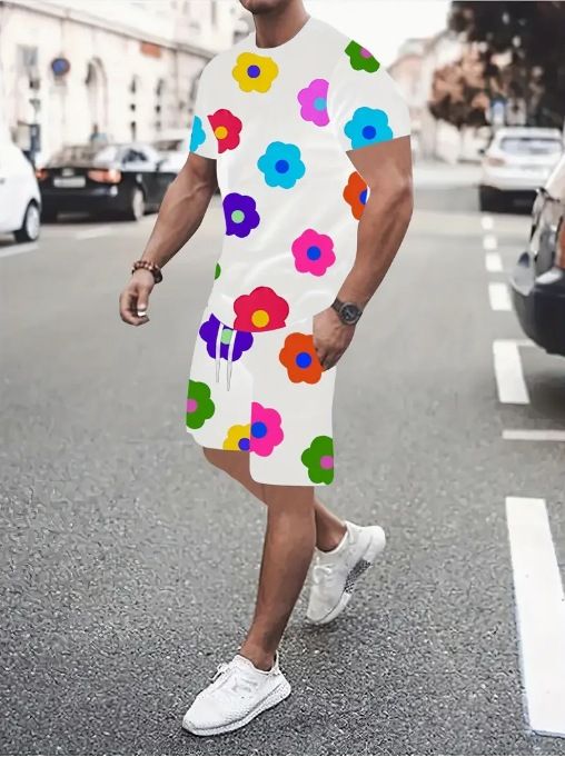 Men's Clothing Casual Versatile Straight Shoulder Loose Short Sleeved T Shirt Summer Personalized Colorful Flowers 3D Digital Printing_viptrois.com