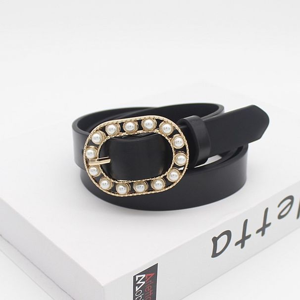 Pearl-Embellished Oval Buckle Belt - Elegant PU Leather Waistband For Women | Adjustable Dress Belt For Jeans & Trousers (1.2" Width, Gold/Silver)_viptrois.com