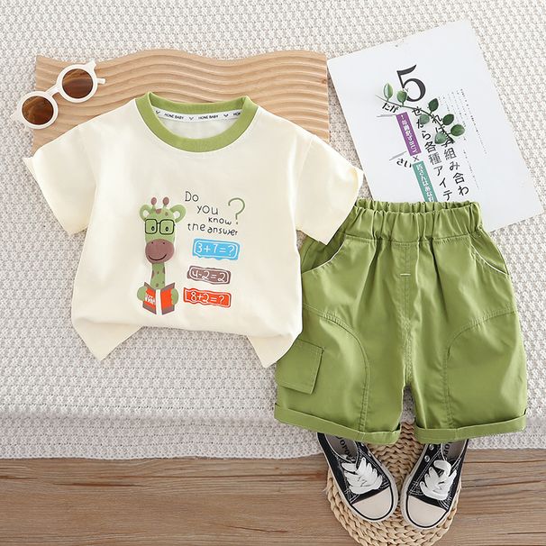 2025 New Summer Children's Short Sleeved Boys' Stylish Mathematics Giraffe Top And Shorts Two Piece Set, Trendy_viptrois.com