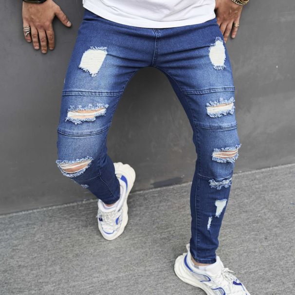 Cowboy High Street Fashion Brand Shaping With Broken Holes And Elastic Feet Jeans For Men's Slim Fit_viptrois.com