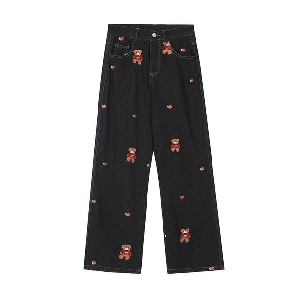 Full Print Embroidered Bear Cartoon Straight-Leg Jeans For Men, Vibe Street Style, Washed And Distressed, Loose Wide-Leg_viptrois.com