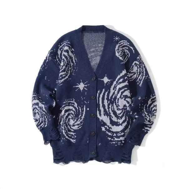 Men's Clothing High Street Universe Starry Sky Contrast Jacquard Ragged Trendy Hem Tassel Design Men's Button Knit Cardigan_viptrois.com