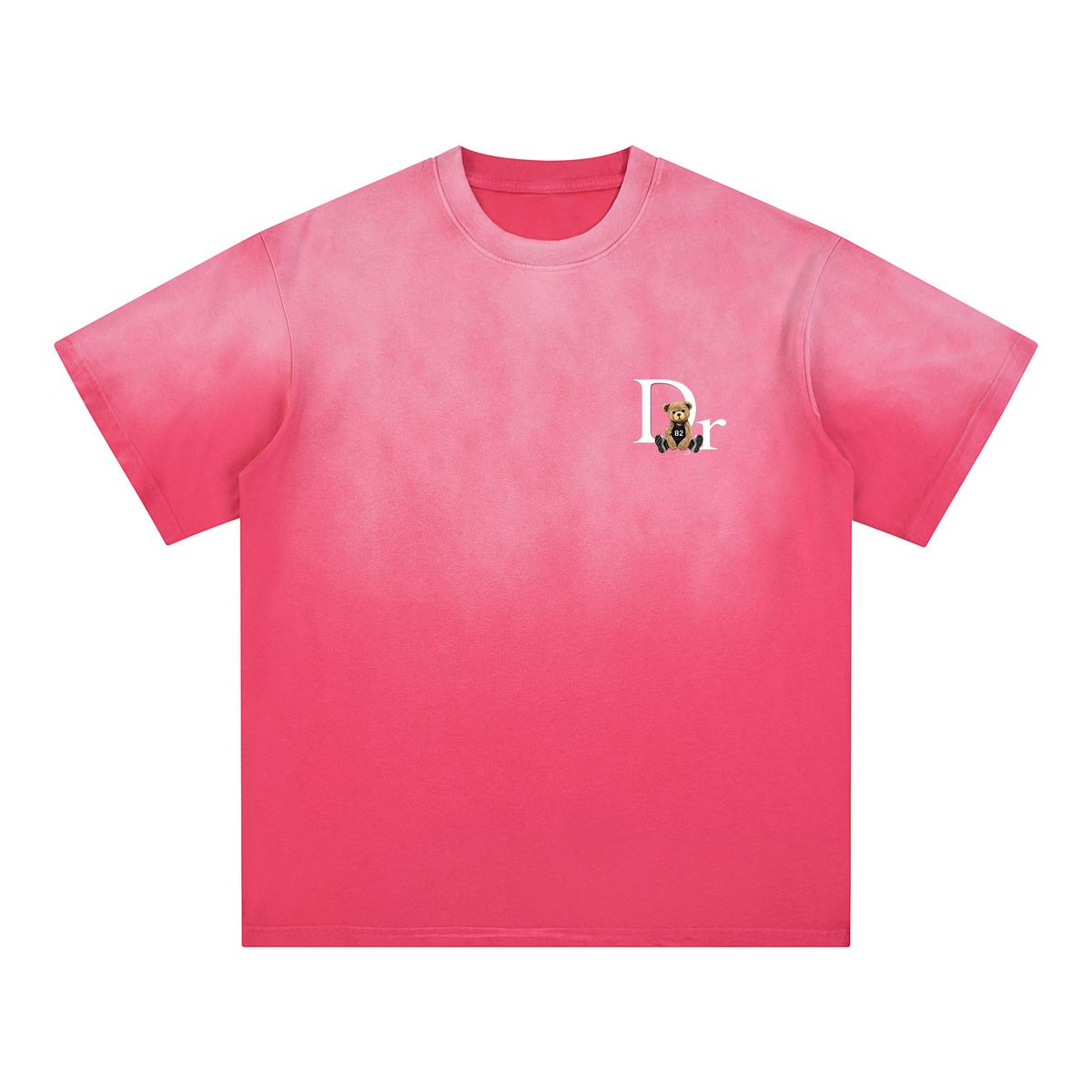 Men's Clothing 250g Heavyweight Pure Cotton KKLLK T Shirt, Crew Neck, Short Sleeve, Loose Fit, Washed Gradient T Shirt, DR Bear Print_viptrois.com