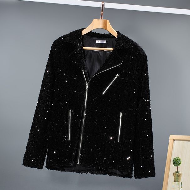 Men's Clothing Street Celebrity Same Style Sequined Men And Women Motorcycle Casual Jacket Stage Sequined Solid Color Group Performance Clothing Men_viptrois.com