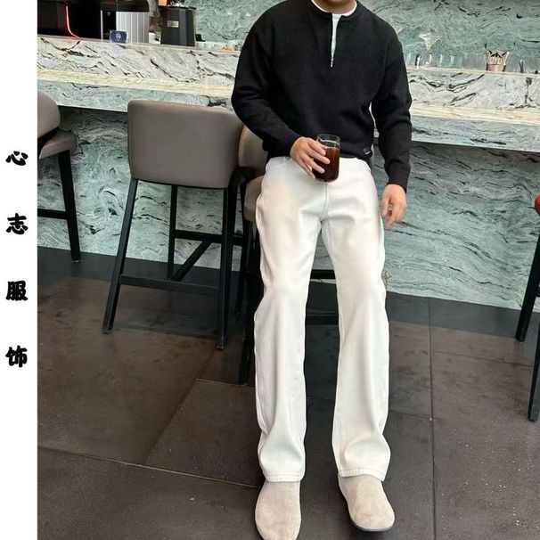 Autumn Winter Fleece-Lined Fashion Men's Stretch High-Quality Loose Straight Jeans Solid Color Casual Versatile Old_viptrois.com