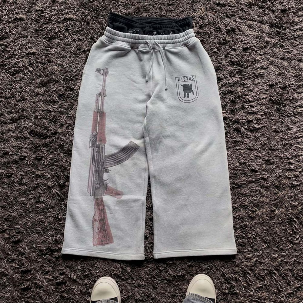 Men's Clothing Spring/summer Y2K High Street Double Waistband Printed Embroidered Street Style Sweatpants Casual Straight Leg Trousers_viptrois.com